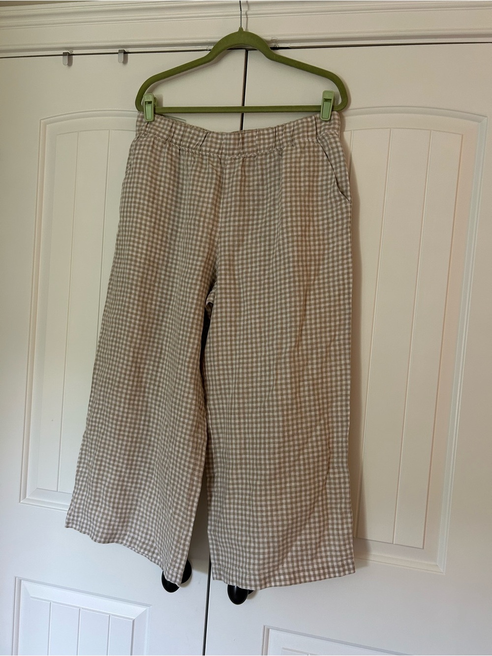 Gingham Check Linen Wide Leg Stretch Waist Pull On Pants Large